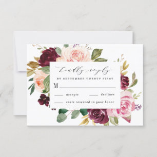Burgundy Blush Pink Peach Gold Floral Boho Wedding RSVP Kaartje