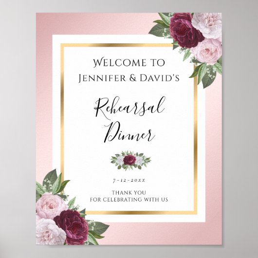 Burgundy Blush Pink Rehearsal Dinner Welcome Sign Poster (Voorkant)