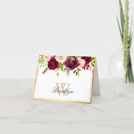 Burgundy Blush Pink Rose Floral Monogram Note Kaar Bedankkaart