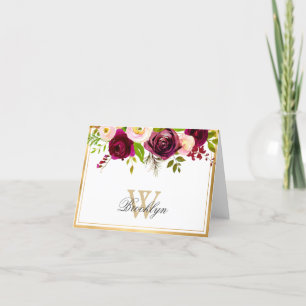 Burgundy Blush Pink Rose Floral Monogram Note Kaar Bedankkaart