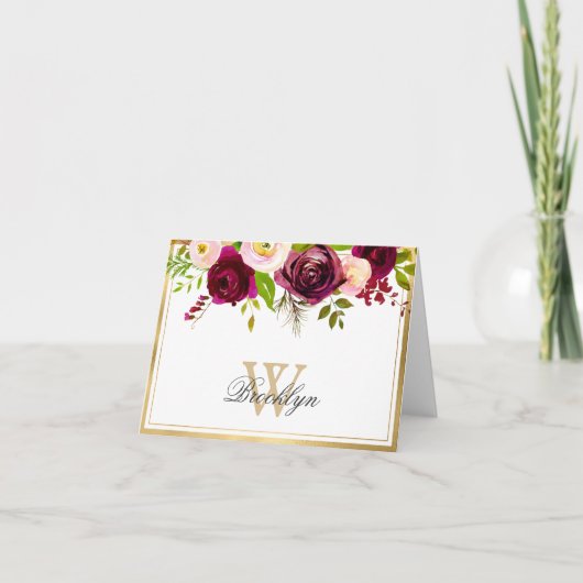 Burgundy Blush Pink Rose Floral Monogram Note Kaar Bedankkaart (Voorkant)