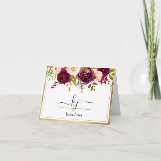 Burgundy Blush Pink Rose Floral Monogram Note Kaar Bedankkaart (Voorkant)