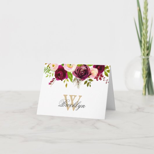 Burgundy Blush Pink Rose Floral Monogram Note Kaar Bedankkaart (Voorkant)