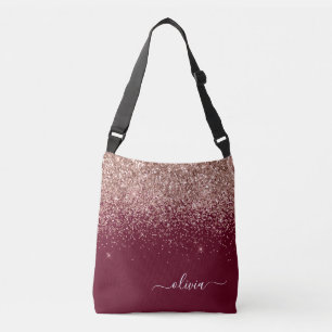 Burgundy Blush Pink Rose Gold Glitter Monogram Crossbody Tas