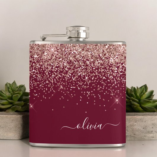 Burgundy Blush Pink Rose Gold Glitter Monogram Heupfles
