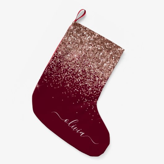 Burgundy Blush Pink Rose Gold Glitter Monogram Kleine Kerstsok (Voorkant (Hangend))