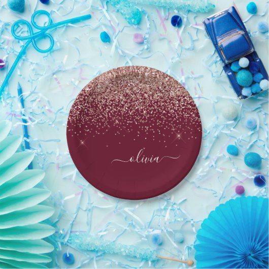 Burgundy Blush Pink Rose Gold Glitter Monogram Papieren Bordje (Feest)