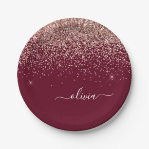 Burgundy Blush Pink Rose Gold Glitter Monogram Papieren Bordje