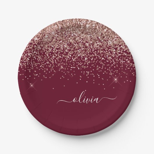 Burgundy Blush Pink Rose Gold Glitter Monogram Papieren Bordje (Voorkant)