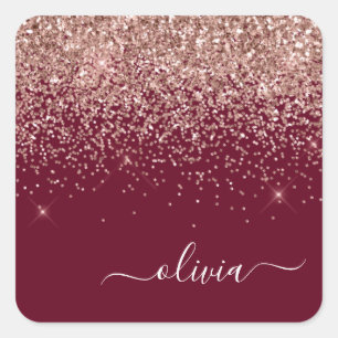 Burgundy Blush Pink Rose Gold Glitter Monogram Vierkante Sticker