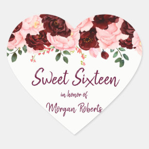 Burgundy & Blush Pink Rose Sweet 16 Party Hart Sticker