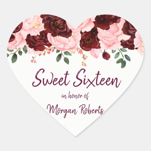 Burgundy & Blush Pink Rose Sweet 16 Party Hart Sticker (Voorkant)