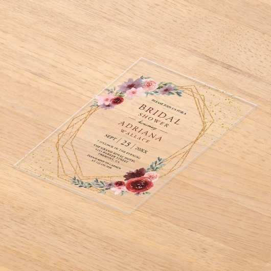 Burgundy Blush Pink Roses Geometric Bridal Shower  Acryl Uitnodigingen (Laagn)