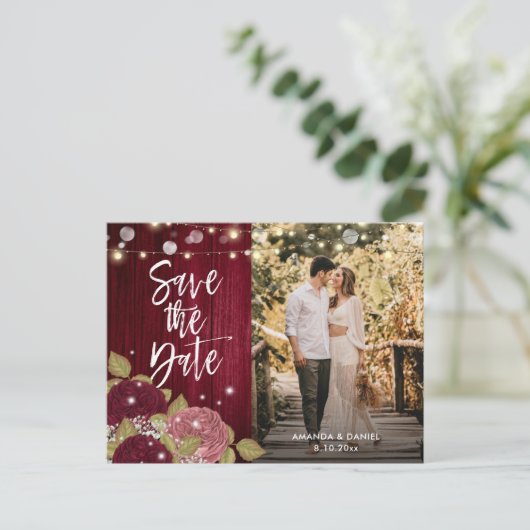 Burgundy Blush Pink Save the Date Photo Briefkaart (Staand voorkant)