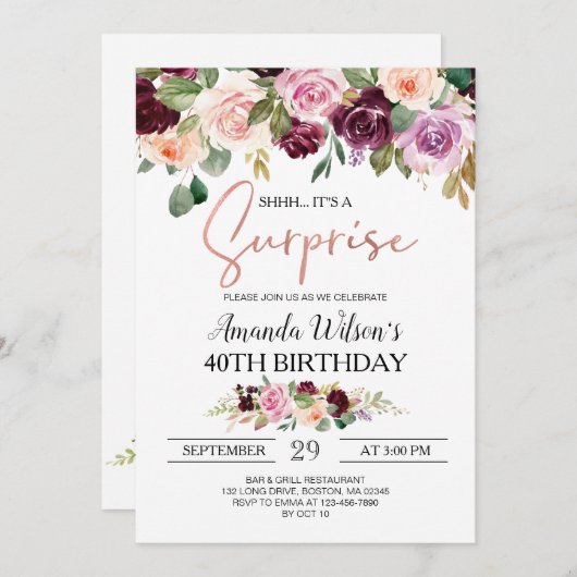 Burgundy Blush Pink Script Surprise Birthday Party Kaart (Voorkant / Achterkant)