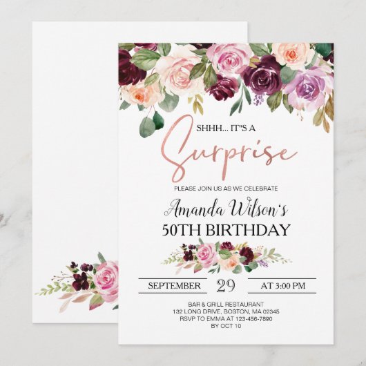 Burgundy Blush Pink Script Surprise Birthday Party Kaart (Voorkant / Achterkant)