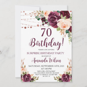 Burgundy Blush Pink Script Surprise Birthday Party Kaart