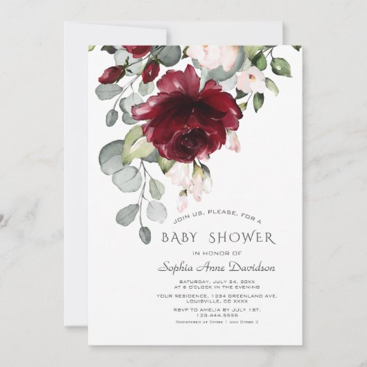Burgundy Blush Pink Waterverf Flowers Baby shower Kaart (Voorkant)