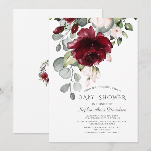 Burgundy Blush Pink Waterverf Flowers Baby shower Kaart (Voorkant / Achterkant)