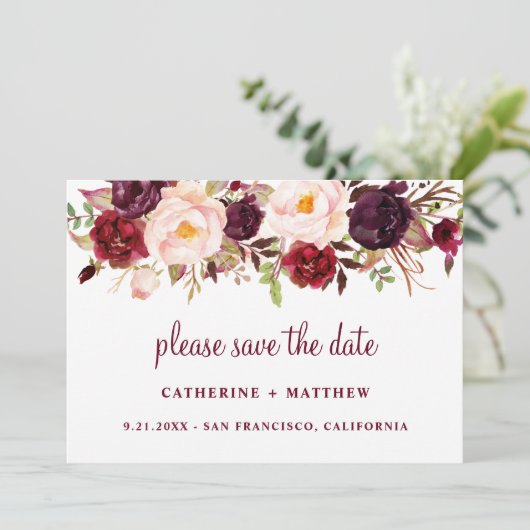 Burgundy Blush Pink Wedding Save the Date (Staand voorkant)