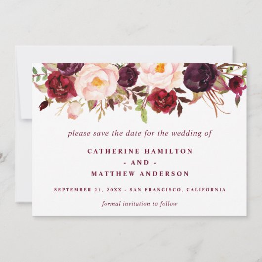 Burgundy Blush Pink Wedding Save the Date (Achterkant)