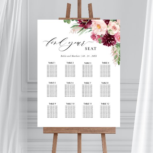 Burgundy Blush Pink Wedding Seding Chart Sign Poster