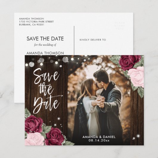 Burgundy Blush Pink Weduwfoto Save the Date Aankondigingskaart (Voorkant / Achterkant)