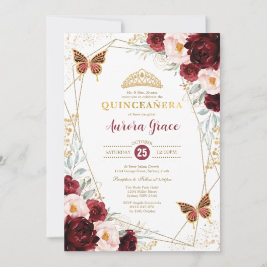 Burgundy Blush Quinceañera Butterflies Geometric Kaart (Voorkant)