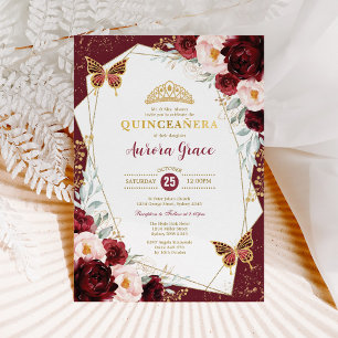Burgundy Blush Quinceañera Butterflies Mis Quince Kaart