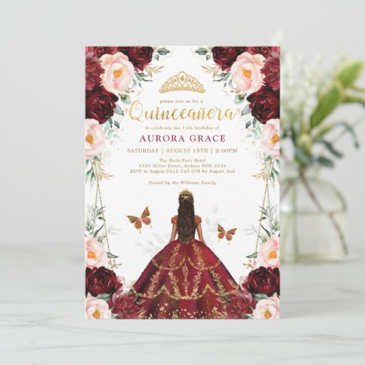 Burgundy Blush Quinceañera Princess Mis Quince Kaart (Staand voorkant)