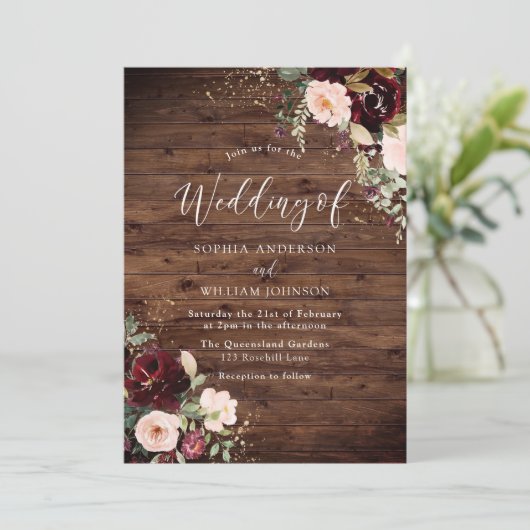Burgundy Blush Red Wine Floral Fall Wedding Kaart (Staand voorkant)