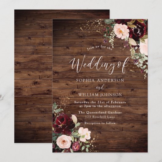 Burgundy Blush Red Wine Floral Fall Wedding Kaart (Voorkant / Achterkant)