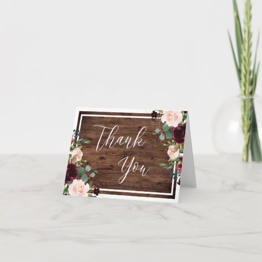 Burgundy & Blush Red Wine Floral Rustic Wedding Bedankkaart (Voorkant)