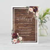 Burgundy Blush Red Wine Floral Rustic Wood Weddens Kaart (Staand voorkant)