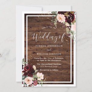 Burgundy Blush Red Wine Floral Rustic Wood Weddens Kaart