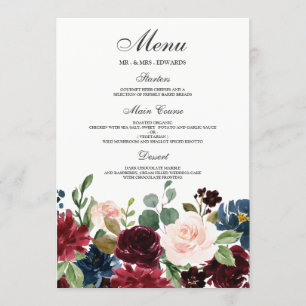Burgundy Blush Red Wine Flowers Modern Weddenschap Menu
