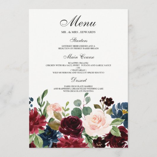 Burgundy Blush Red Wine Flowers Modern Weddenschap Menu (Voorkant)