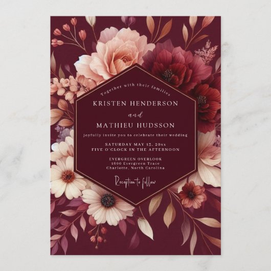 Burgundy Blush Romantic Wedding Kaart (Voorkant)