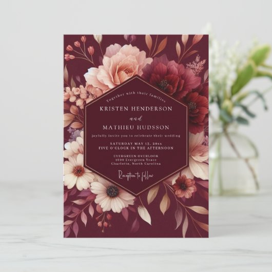 Burgundy Blush Romantic Wedding Kaart (Staand voorkant)