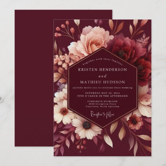 Burgundy Blush Romantic Wedding Kaart (Voorkant / Achterkant)