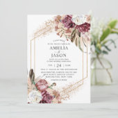 Burgundy, Blush & Roos Gold Elegant Boho Invitatio Kaart (Staand voorkant)
