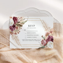Burgundy, Blush & Roos Gold Elegant Boho RSVP Invi