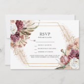 Burgundy, Blush & Roos Gold Elegant Boho RSVP Invi Kaart (Voorkant)