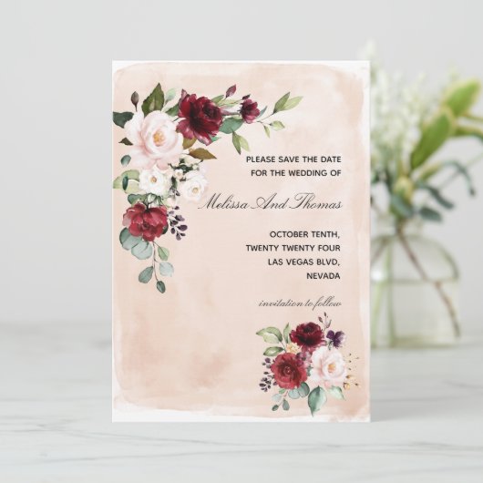 Burgundy Blush Roos redt de datum bekendmaking Kaart (Staand voorkant)