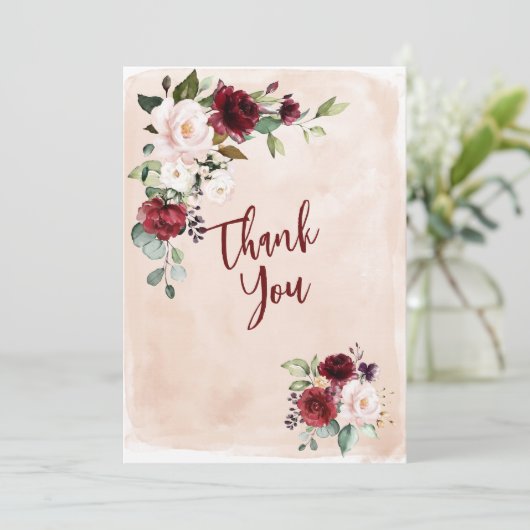 Burgundy Blush Roos Weduwfoto Hartelijk dank Kaart (Staand voorkant)