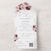 Burgundy Blush Roses Floral QR Code Weddenschap All In One Uitnodiging (Binnen)
