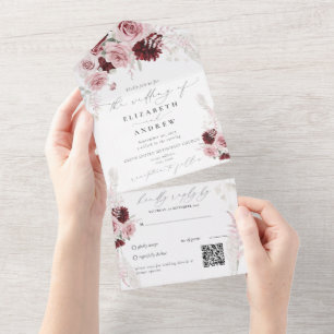 Burgundy Blush Roses Floral QR Code Weddenschap All In One Uitnodiging