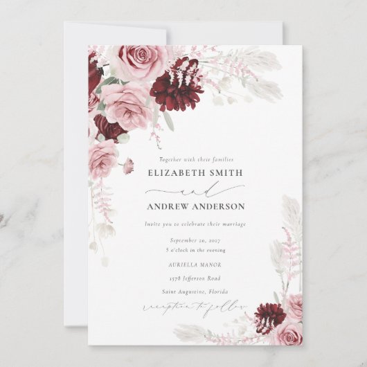 Burgundy Blush Roses Floral QR Code Weddenschap Kaart (Voorkant)