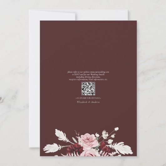 Burgundy Blush Roses Floral QR Code Weddenschap Kaart (Achterkant)