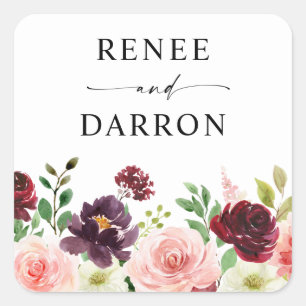 Burgundy & Blush Roze 4 Bloemen Vierkante Sticker